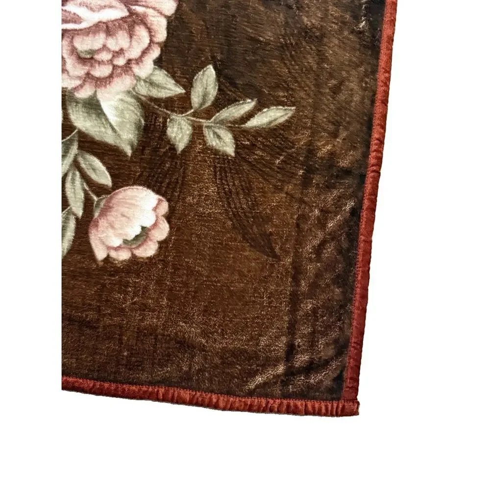 Vintage Thick Reversible Fleece Blanket Accent Quilt Horse & Flower Motifs Brown